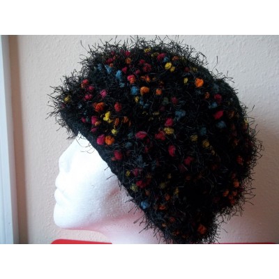 Hand knitted elegant and fuzzy beanie/hat  black with colorful accents  eb-61458497